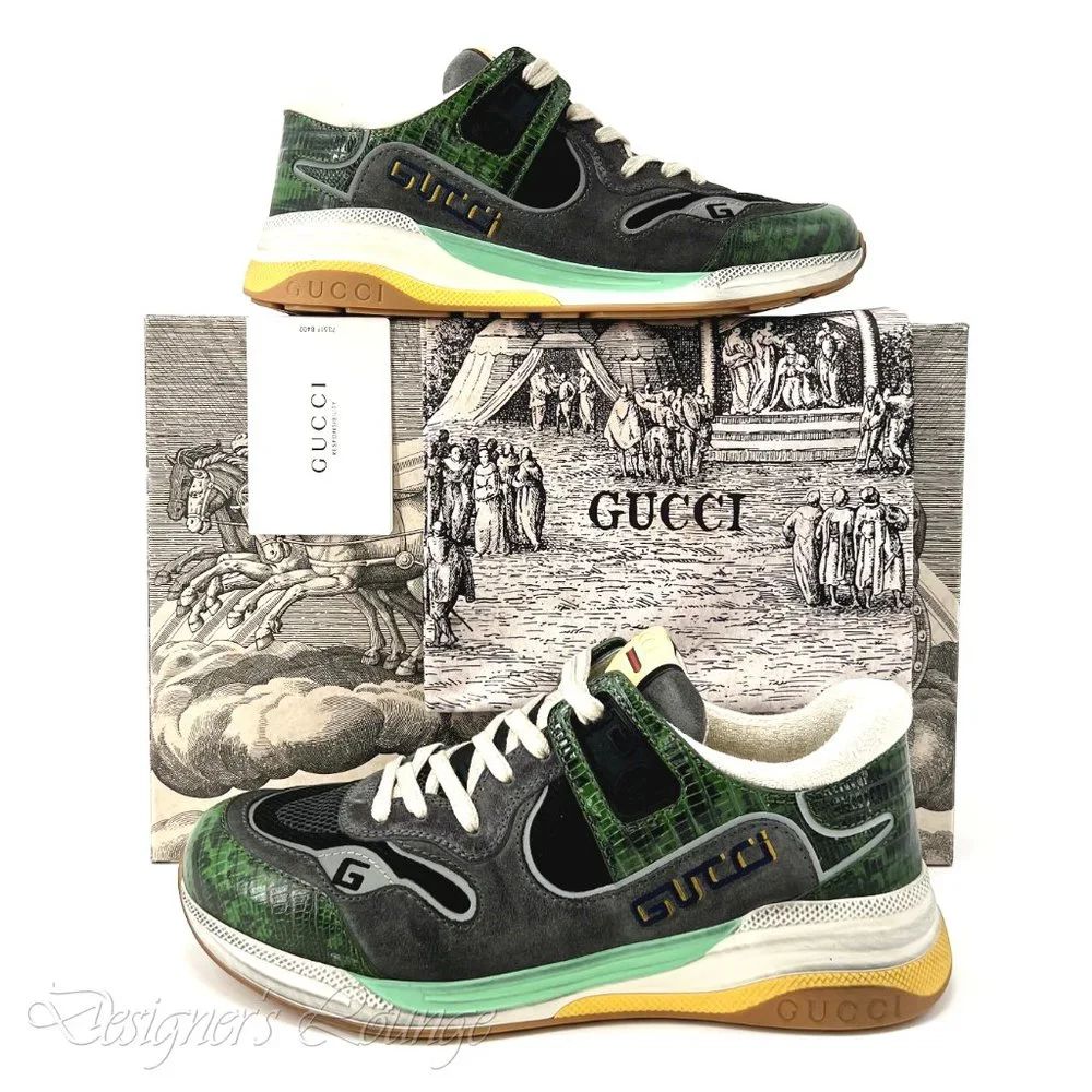 NEW GUCCI Men's ULTRAPACE Low Top Sneakers In Green Tejus Leather G 7.5 / US 8